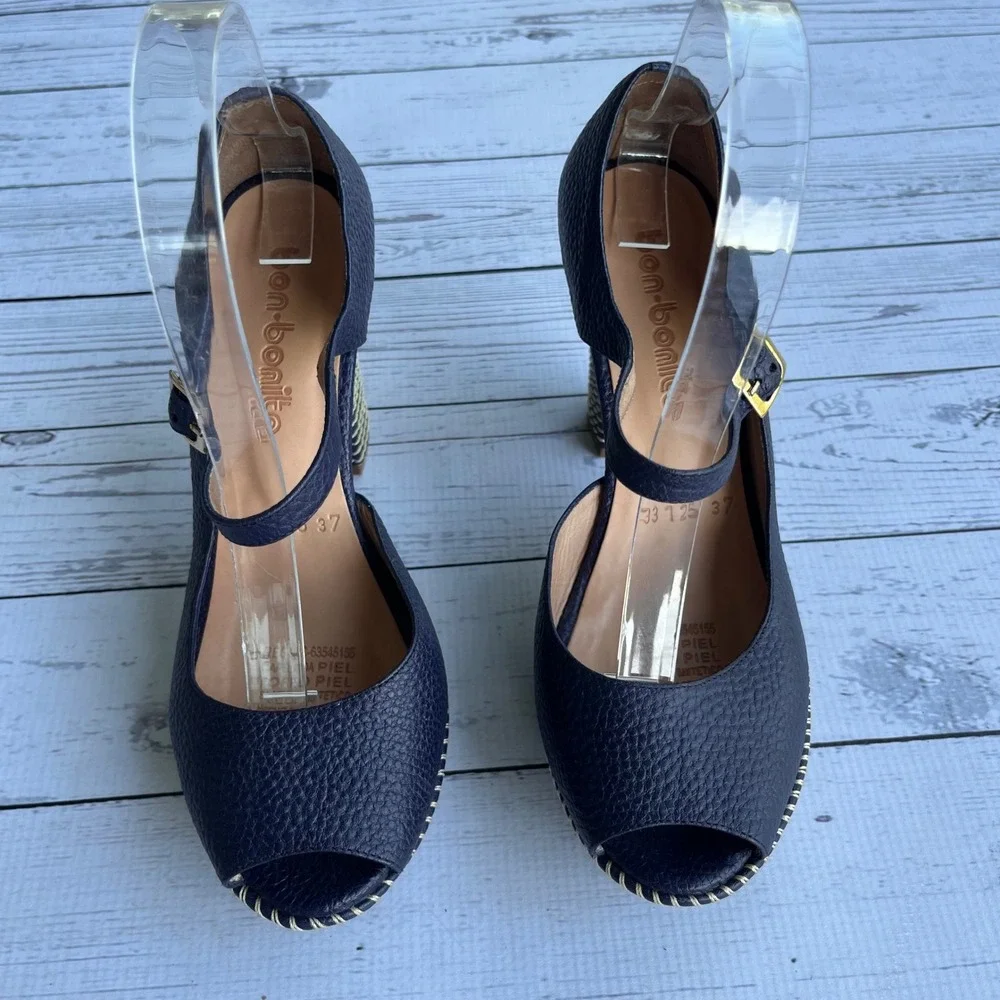 Bon-Bonite Navy Pebbled Leather Platform Mary Jane Peep Toe Heels Size 37
